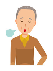 An elderly man wearing brown clothes is sighing