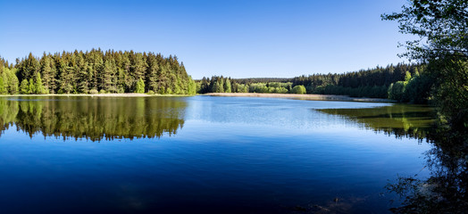 Panoramic view of romantic pond and forests