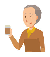 An elderly man wearing brown clothes has a coffee