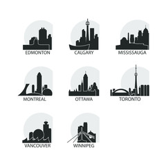 Naklejka premium Zestaw ikon miast Kanady, pakiet wektor logo punkt orientacyjny nowoczesnej panoramy citysape