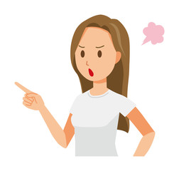 A long hair young woman is angrily pointing to a finger