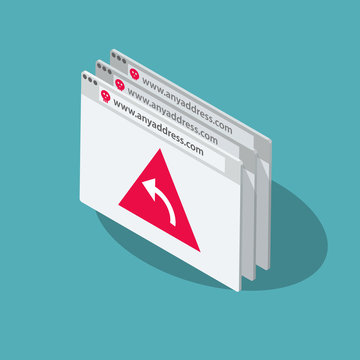 Pharming vector symbol with several browser windows and a red symbol redirection isolated on blue background. Flat design, easy to use for your website or presentation.