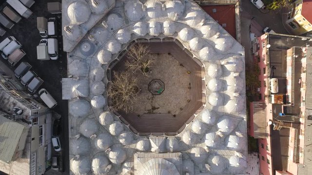 Mosque in Istanbul, Turkie. Sunny day. Aerial drone view shot. Blue sky, Daylight. City centre.