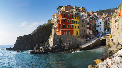 Fototapeta na wymiar Riomaggiore 1 in 5 fishing village of Cinque Terre, coastline of Liguria in La Spezia, Italy