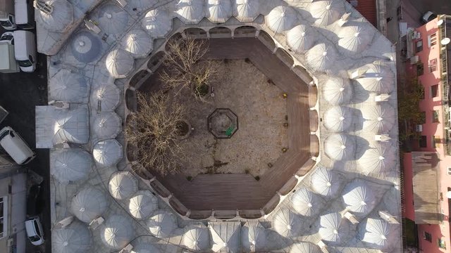 Mosque in Istanbul, Turkie. Sunny day. Aerial drone view shot. Blue sky, Daylight. City centre.