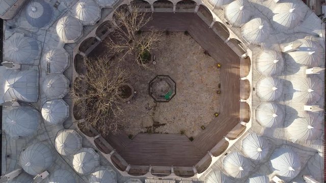 Mosque in Istanbul, Turkie. Sunny day. Aerial drone view shot. Blue sky, Daylight. City centre.