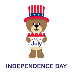4 july cartoon cute bear in hat with calendar and text