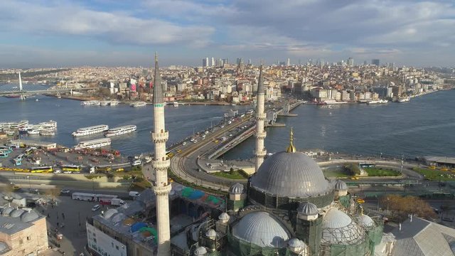 The Blue Mosque Sultanahmet in Istanbul, Turkie. Aerial drone view Shot. Blue sky, sunset.