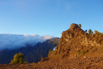 Landscape of a hiking trail GR131 Ruta de los Volcanes during sunset leading from Fuencaliente to Tazacorte on La Palma, Canary Islands, Spain