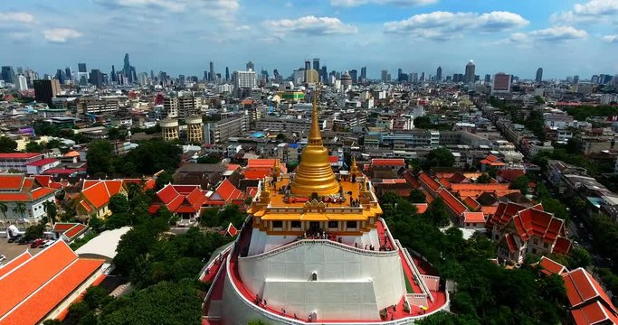 An aerial view from a drone of Wat Saket in Bangkok - Temple of the Golden Mountain