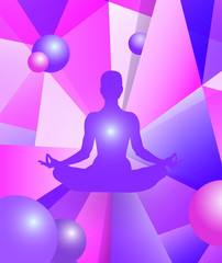 Human body in yoga lotus asana on colorful modern geometric abstract pattern or mosaic with flying balls in trendy bright purple violet colors background.