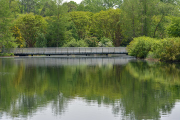 Fototapeta na wymiar Bridge across a scenic pond in an outdoor garden in Richmond, Virginia