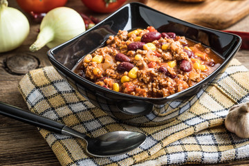 Chili con carne in a bowl.