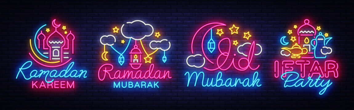 Ramadan Kareem collection neon signs vector. Leaflet design template concept of lines with colored crescent and mosque, iftar party. Islamic banner background design, neon symbol, modern trend design