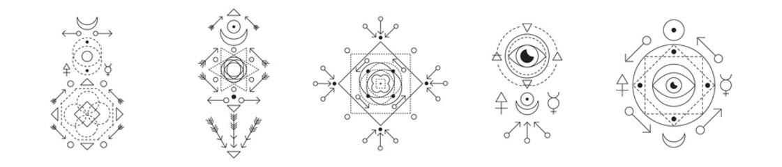 Symbol of alchemy and sacred geometry set. Linear character illustration collection for lines tattoo on the white isolated background.