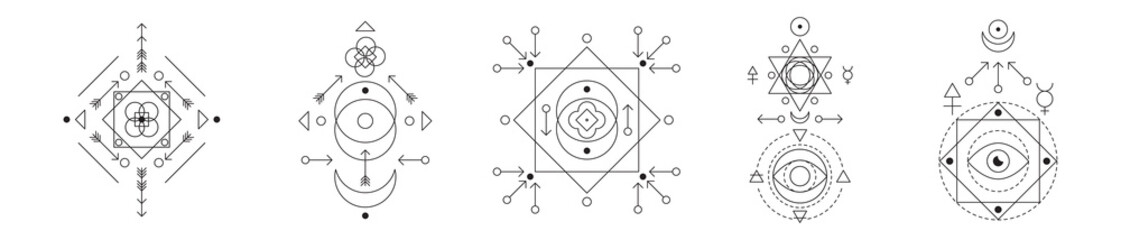 Symbol of alchemy and sacred geometry set. Linear character illustration collection for lines tattoo on the white isolated background.