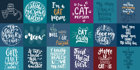 Hand drawn lettering greeting cards collections about cats isolated on the white background. Fun brush ink vector calligraphy illustrations set for banners, poster design.