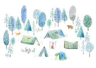 Camping in the woods.Tent, trees, bonfire, plants,fox,bear and floral.Landscape tourism.Watercolor hand drawn illustration.White background.
