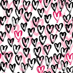 Seamless artistic abstract heart pattern. Hand drawn repeatable creative background. Paint stain grunge design from painted texture. Black, pink and white brush strokes drawing.
