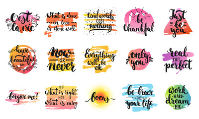 Fototapeta premium Hand drawn lettering different quotes collections isolated on the white background. Fun brush ink vector calligraphy illustrations set for banners, greeting card, poster design.