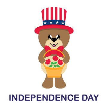 4 july cartoon cute bear in hat with basket and flowers with text