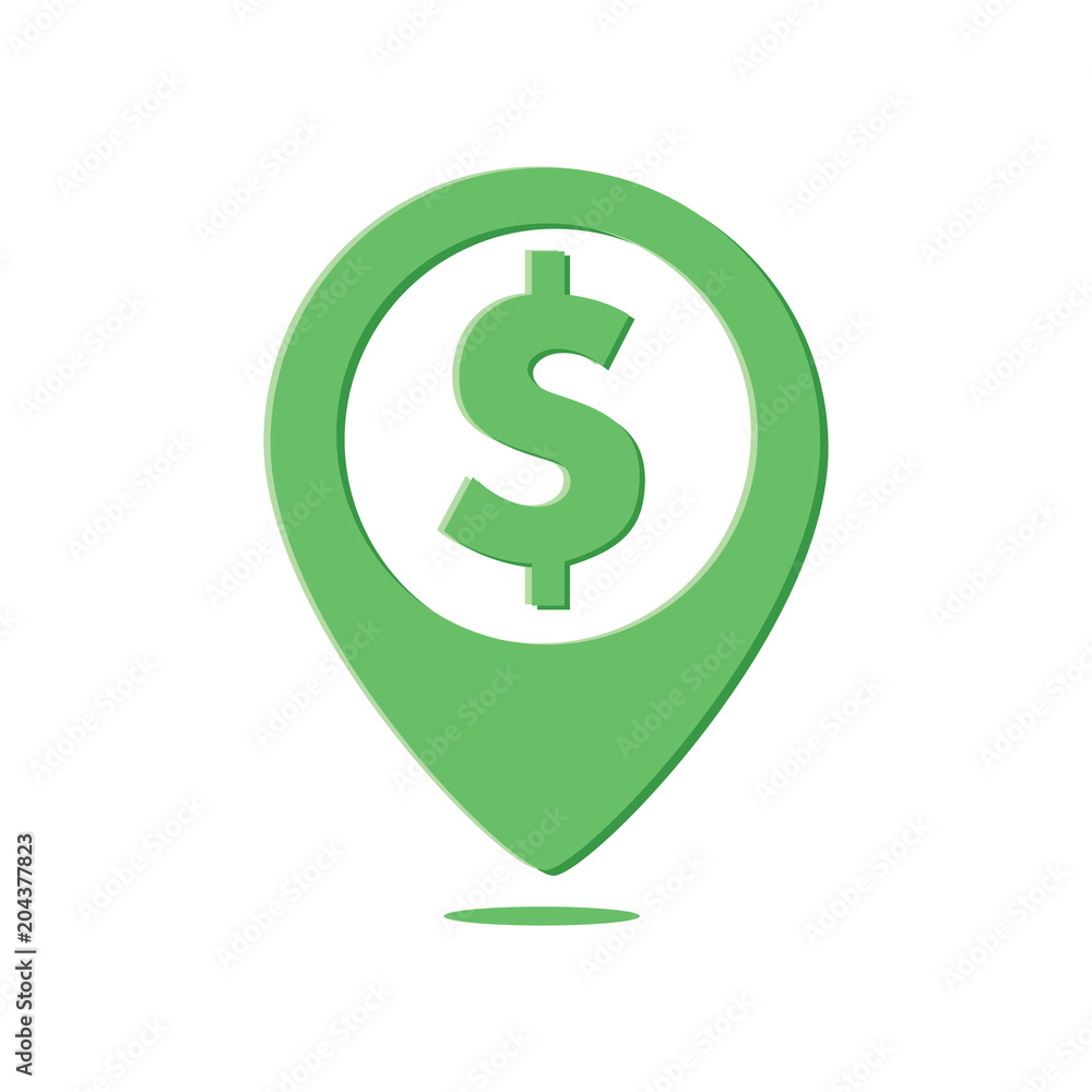 Poster dollar map pin navigation pointer. location marker vector symbol. element of business finance illust