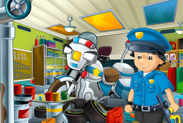 cartoon scene with policeman in some garage - working repearing police motorcycle or clearing work place - illustration for children