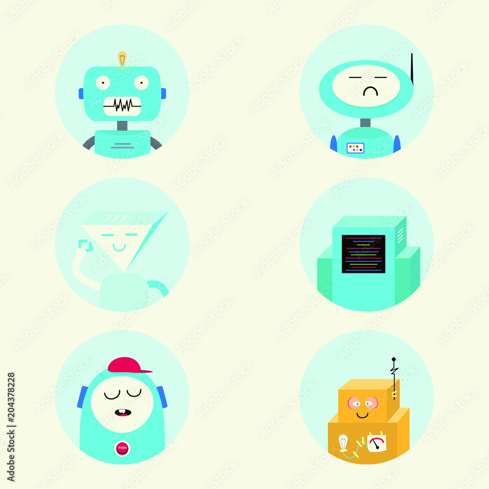 Poster modern chat bot character sign icon vector illustration set. virtual assistance in the websites or c