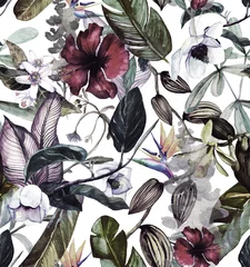 Papier Peint photo autocollant Orchidee Motif aquarelle sans couture avec fleurs tropicales, magnolia, fleur d& 39 oranger, orchidée vanille, feuilles tropicales, feuilles de bananier