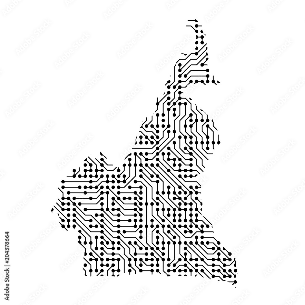 Poster abstract schematic map of cameroon from the black printed board, chip and radio component. computer 