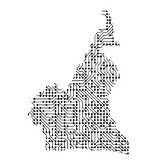 Abstract schematic map of Cameroon from the black printed board, chip and radio component. Computer electronics processor motherboard. Vector illustration.