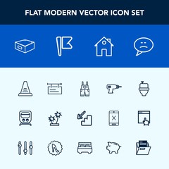Modern, simple vector icon set with equipment, ladder, transportation, billboard, nature, banner, bathroom, concept, train, estate, uniform, upstairs, blank, speech, real, drill, summer, palm icons