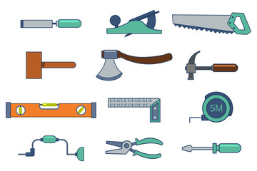 Tools for building and repairing a house. Screwdriver, saw, hand drill, hammer, measuring tape, pliers. Vector set of flat icons isolated on a white background.