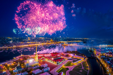 Celebration in St. Petersburg. Salute over Peter. St. Petersburg in Russia. Salute above the city. Peter-Pavel's Fortress. Holidays in Russia. Scarlet Sails.