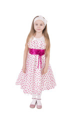 Little girl with long hair in a ball dress  congratulates on a holiday, on a white isolated...