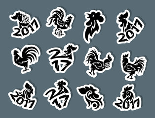 Rooster logo cock vector cute cartoon illustration new year 2017 badges bird symbol farm animal hen cockerel chinese silhouette.