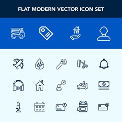 Modern, simple vector icon set with profile, price, notification, environment, equipment, spanner, wrench, stereo, audio, alert, cancel, dumper, tree, bell, estate, fashion, professional, plane icons