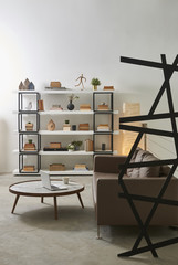 vertical room and bookshelf style with leather sofa.