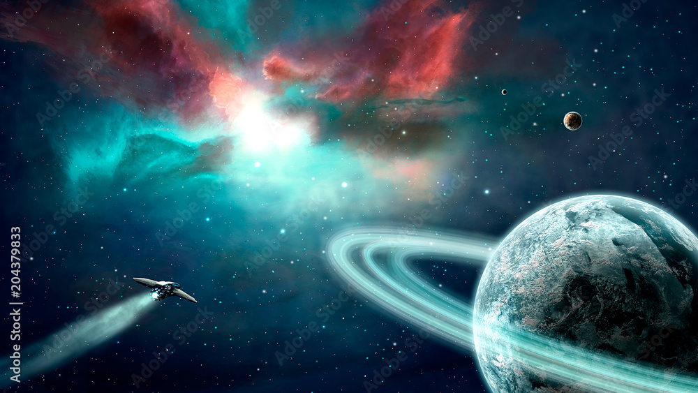 Wall mural space scene. blue and red nebula with planets and spaceship. elements furnished by nasa. 3d renderin