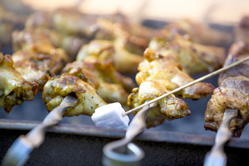 Fry marshmallow on a stick in the background Shish kebab meat pork, on charcoal