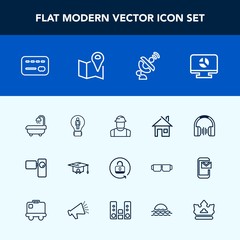 Modern, simple vector icon set with white, audio, graduation, concept, business, infographic, estate, balance, money, chart, lock, engineer, camera, protection, college, music, credit, worker icons