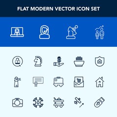 Modern, simple vector icon set with security, lock, chess, technology, development, growth, template, house, bag, success, lighthouse, dinner, food, call, dish, life, hot, satellite, unlock, sea icons