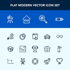 Modern, simple vector icon set with landscape, money, place, unpacking, cooking, fashion, search, presentation, mouse, taxi, web, glasses, award, chart, travel, transport, investment, click, gun icons
