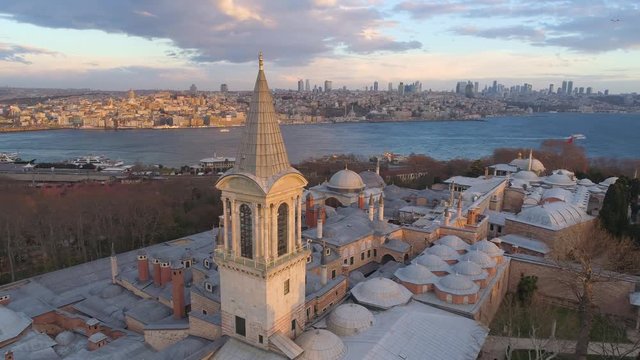 Aerial drone shot of sunrise in Istanbul, Turkie. From above, city centre. Topkapi palace.