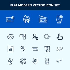 Modern, simple vector icon set with property, sky, click, sound, landscape, pointer, speech, music, message, transportation, light, video, nature, rail, night, delete, electricity, account, blue icons