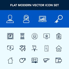 Modern, simple vector icon set with real, screen, house, airplane, estate, sign, winner, door, success, sand, transport, girl, face, gold, time, laptop, flight, young, street, medal, lady, plane icons