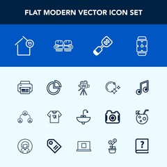 Modern, simple vector icon set with video, moon, star, boxing, tool, house, faucet, print, clock, utensil, hand, bathroom, landlord, presentation, movie, company, tripod, night, owner, structure icons