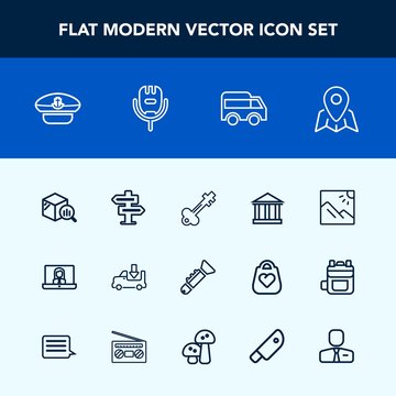 Modern, simple vector icon set with hanger, doorknob, bugle, communication, jazz, musical, bus, technology, hat, dont, photo, lorry, sailor, trumpet, pin, greek, landscape, old, location, greece icons