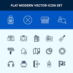 Modern, simple vector icon set with account, signal, communication, curtain, online, building, film, world, bag, brush, map, guitar, computer, currency, camera, internet, finance, tool, price icons