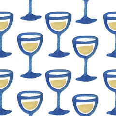 White wine glasses. Watercolor seamless pattern